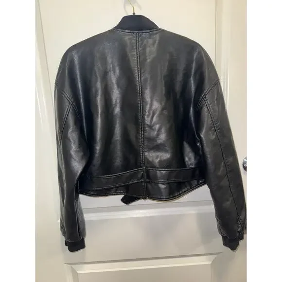 Zara Faux Leather Cropped Bomber Jacket Women Black Belted Moto Style - Picture 13 of 17
